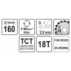 YATO Fűrésztárcsa fához 160 x 20 x 2,0 mm / 18T (YT-6055) YATO Fűrésztárcsa fához 160 x 20 x 2,0 mm / 18T (YT-6055)
