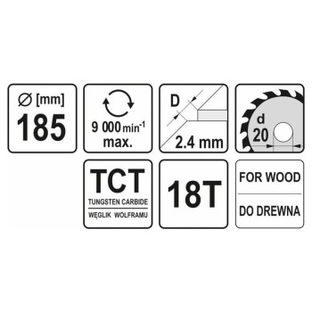 YATO Fűrésztárcsa fához 185 x 20 x 1,4 mm / 18T (YT-6063)
