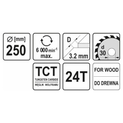 YATO Fűrésztárcsa fához 250 x 30 x 2,2 mm / 24T (YT-6070) YATO Fűrésztárcsa fához 250 x 30 x 2,2 mm / 24T (YT-6070)
