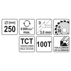 YATO Fűrésztárcsa alumíniumhoz 250 x 30 x 2,2 mm / 100T (YT-6095) YATO Fűrésztárcsa alumíniumhoz 250 x 30 x 2,2 mm / 100T (YT-6095)