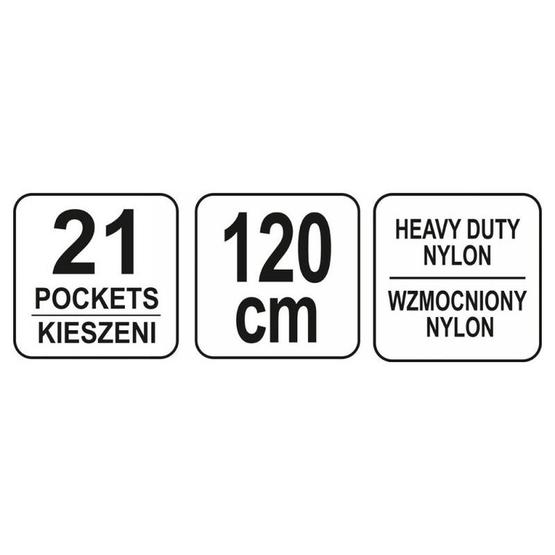YATO YT-7400 szög- és szerszámtartó övtáska, 21 zsebes, 120 cm