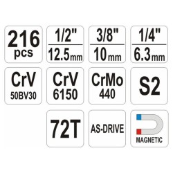 YATO Dugókulcs készlet 216 részes 1/4', 3/8', 1/2' CrV (YT-38841)