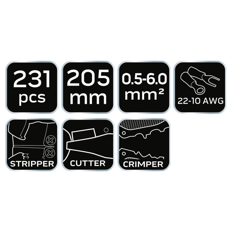 Kábelcsupaszító fogó, automata 200mm + csatlakozók 230db (01-542) Kábelcsupaszító fogó, automata 200mm + csatlakozók 230db (01-542)