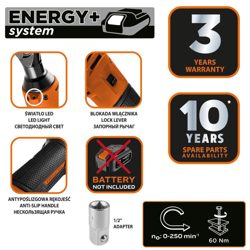 Akkus racsnis kulcs, Energy+ 18V, 3/8''-os 1/2''-os adapterrel, akku nélkül!!! (04-603) Akkus racsnis kulcs, Energy+ 18V, 3/8''-os 1/2''-os adapterrel, akku nélkül!!! (04-603)