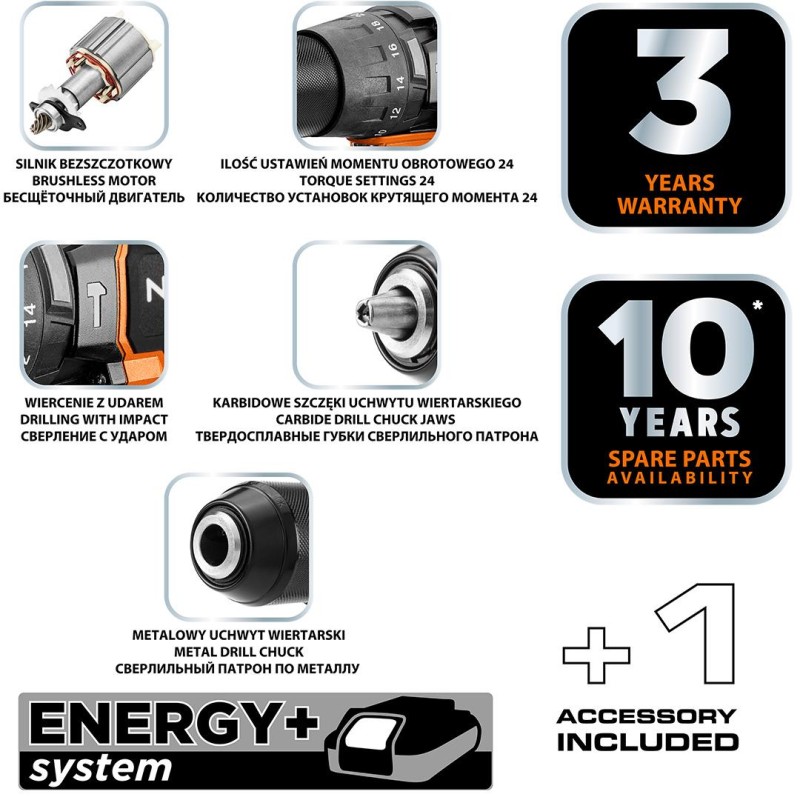 Akkus szénkefementes fúró, csavarozó, ütvefúró, Energy+, 100Nm (04-616) Akkus szénkefementes fúró, csavarozó, ütvefúró, Energy+, 100Nm (04-616)