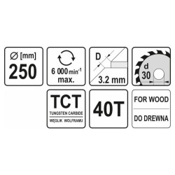 YATO Fűrésztárcsa fához 250 x 30 x 2,2 mm / 40T (YT-6071) YATO Fűrésztárcsa fához 250 x 30 x 2,2 mm / 40T (YT-6071)