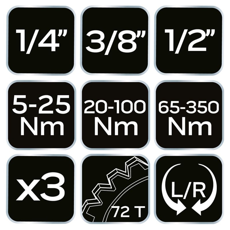 Nyomatékkulcs készlet 3db, 1/4''(5-23 Nm), 3/8''(20-120 Nm), 1/2''(60-330 Nm) (08-843)