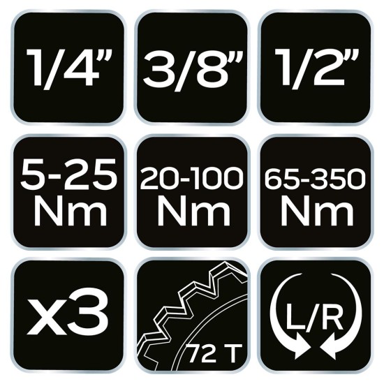 Nyomatékkulcs készlet, ''double - click'', 3db: 1/4''(5-25 Nm), 3/8''(20-100 Nm), 1/2''(65-350 Nm) (08-845)