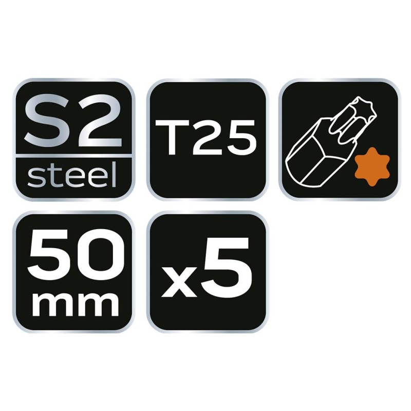 Torziós ütvecsavarozó bitek S2, 50mm, T25, 5db (09-585)