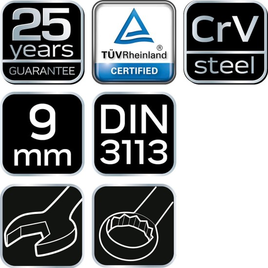 Csillag-villáskulcs 9x130mm, CrV, DIN3113 (09-709)