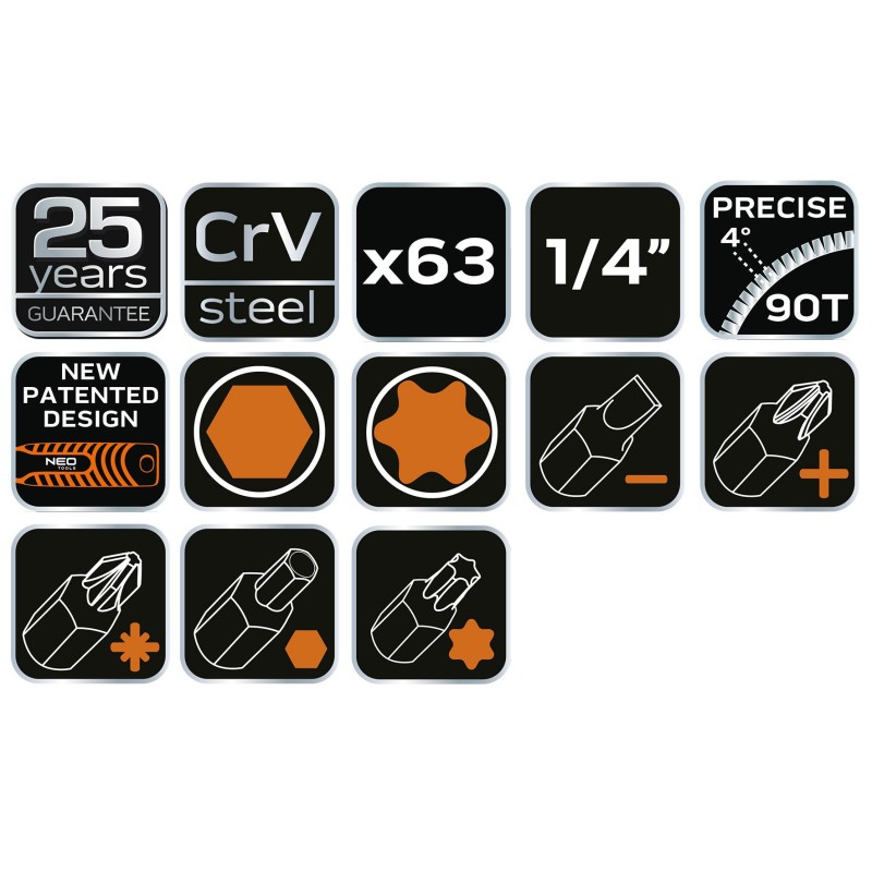 NEO 10-008 1/4'' dugókulcs- és bitkészlet CrV acél, E-profil, 63 db