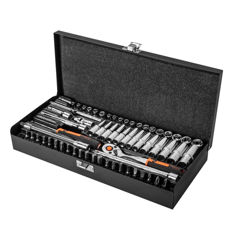 NEO 10-008 1/4'' dugókulcs- és bitkészlet CrV acél, E-profil, 63 db