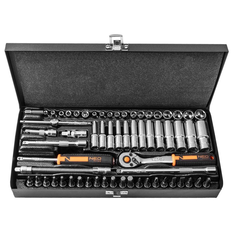 NEO 10-008 1/4'' dugókulcs- és bitkészlet CrV acél, E-profil, 63 db