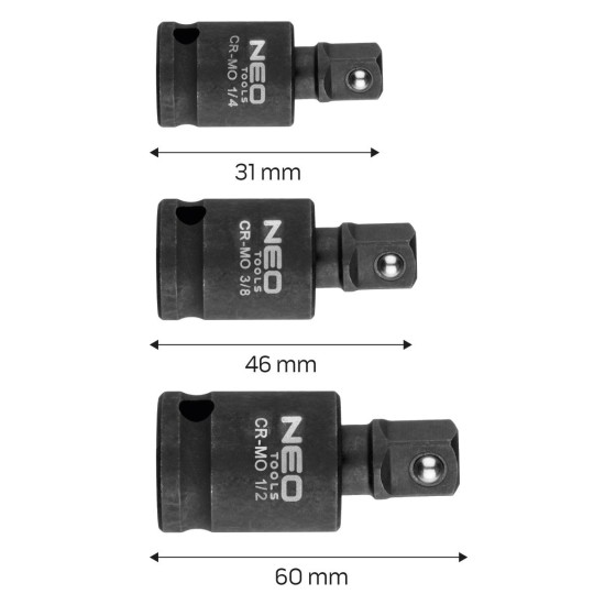 Csuklós toldó készlet ütvecsavarozókhoz 1/4'', 3/8'',1/2'' (10-256)