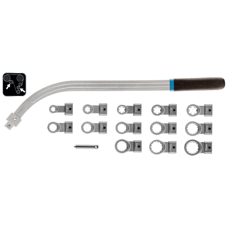 Feszítőgörgő kulcs cserélhető fejekkel, 15db (11-169)