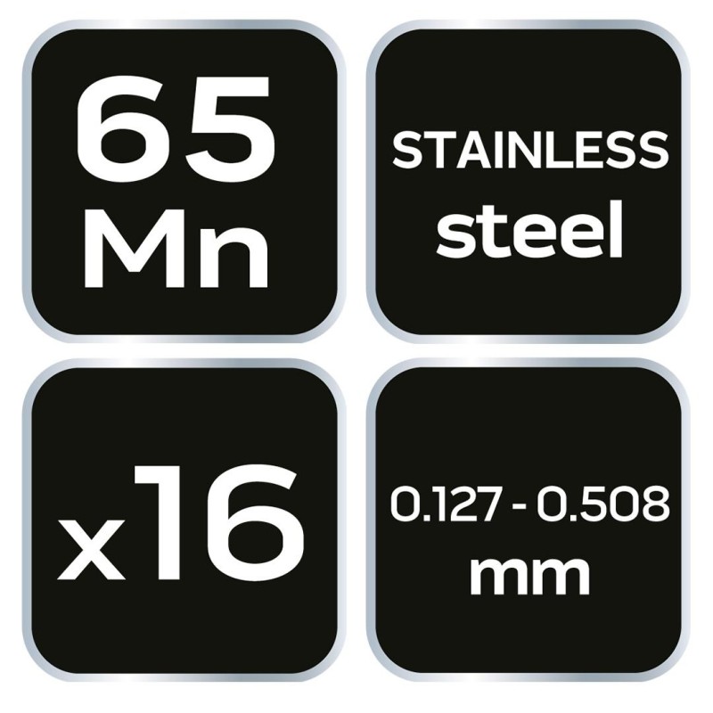 Hézagmérő készlet 16db bent (0.127 - 0.508mm) 65MN/rozsdamentes acél 16db, hajlított (11-192)