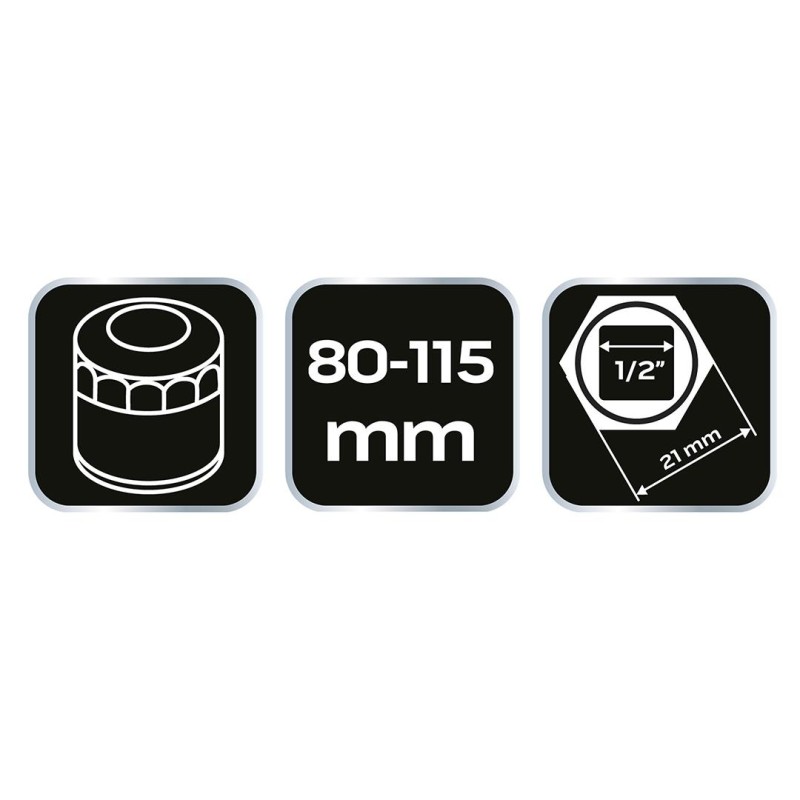 Olajszűrő kulcs, önbeálló 80-115mm, 1/2'' kulcsnyílással (11-380) Olajszűrő kulcs, önbeálló 80-115mm, 1/2'' kulcsnyílással (11-380)
