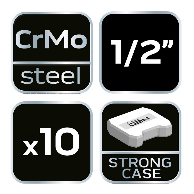 Gépi Dugókulcskészlet 1/2'' 10db HOSSZÚ 10-24 CR-MO (12-107)