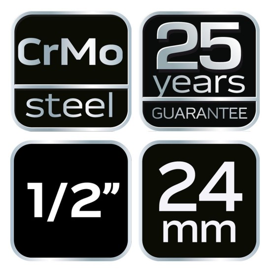 Hosszú Gépi dugókulcs 1/2'', 24mm, Cr-Mo (12-324) Hosszú Gépi dugókulcs 1/2'', 24mm, Cr-Mo (12-324)