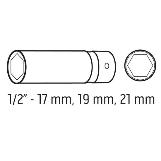 Dugókulcskészlet ALUFELNIHEZ, VÉKONYFALÚ, 1/2'', 3db (17mm, 19mm, 21mm), Cr-Mo (12-350)