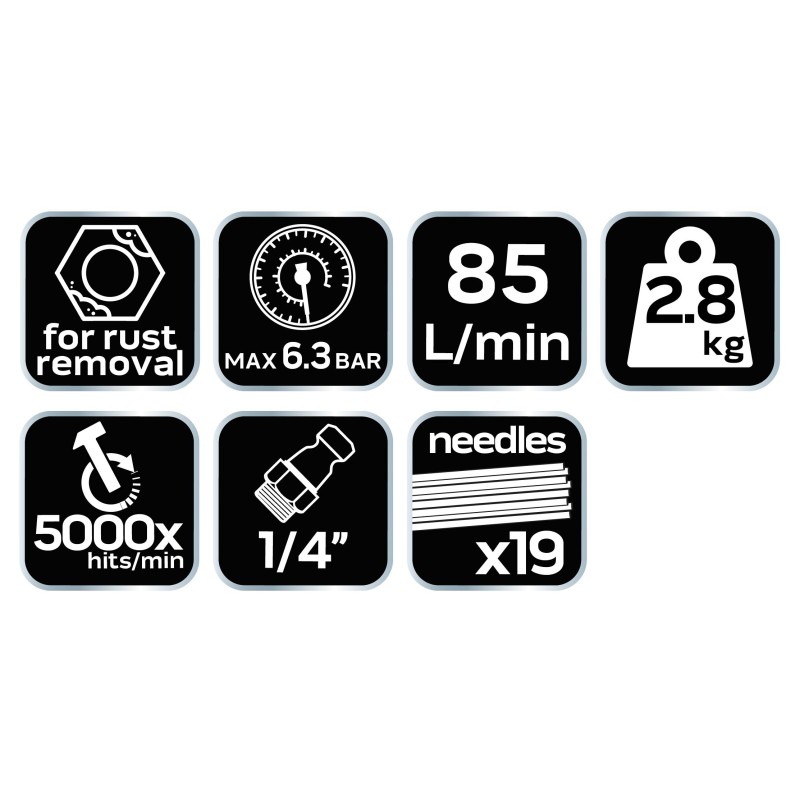 Pneumatikus tűs leverőgép rozsdához és hegesztési varratokhoz, 19x3mm (14-032)