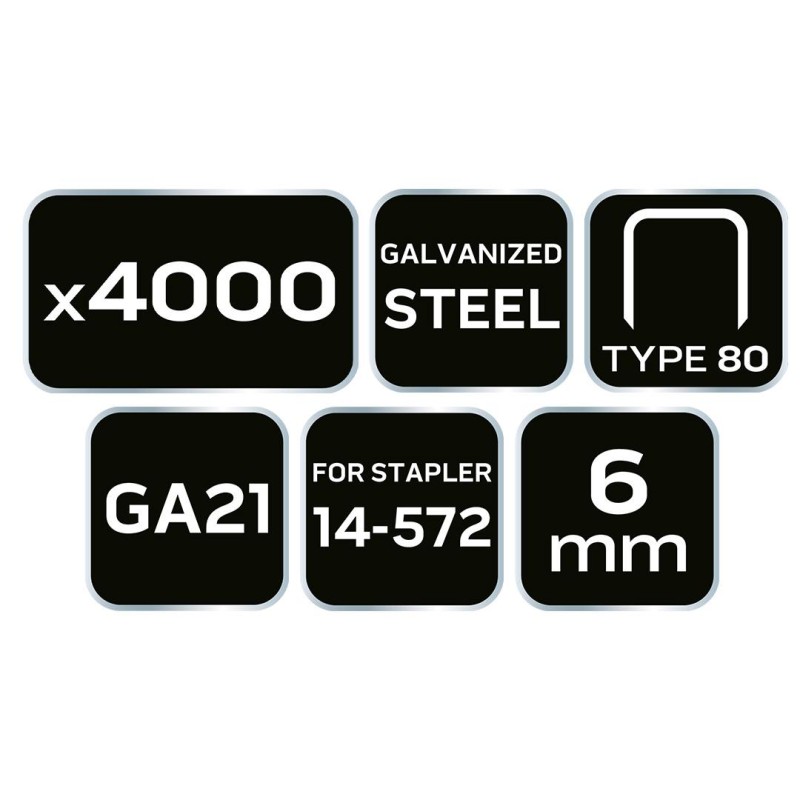 Tűzőkapocs, horganyzott 80-as tipus, pneumatikus tűzőgéphez (14-572), GA21, 6mm, 4000db (14-610) Tűzőkapocs, horganyzott 80-as tipus, pneumatikus tűzőgéphez (14-572), GA21, 6mm, 4000db (14-610)