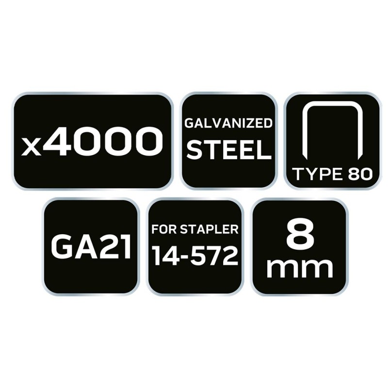 Tűzőkapocs, horganyzott 80-as tipus, pneumatikus tűzőgéphez (14-572), GA21, 8mm, 4000db (14-611) Tűzőkapocs, horganyzott 80-as tipus, pneumatikus tűzőgéphez (14-572), GA21, 8mm, 4000db (14-611)