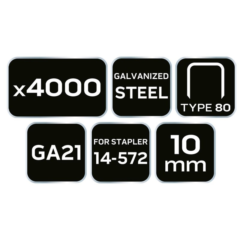 Tűzőkapocs, horganyzott 80-as tipus, pneumatikus tűzőgéphez (14-572), GA21, 10mm, 4000db (14-612) Tűzőkapocs, horganyzott 80-as tipus, pneumatikus tűzőgéphez (14-572), GA21, 10mm, 4000db (14-612)