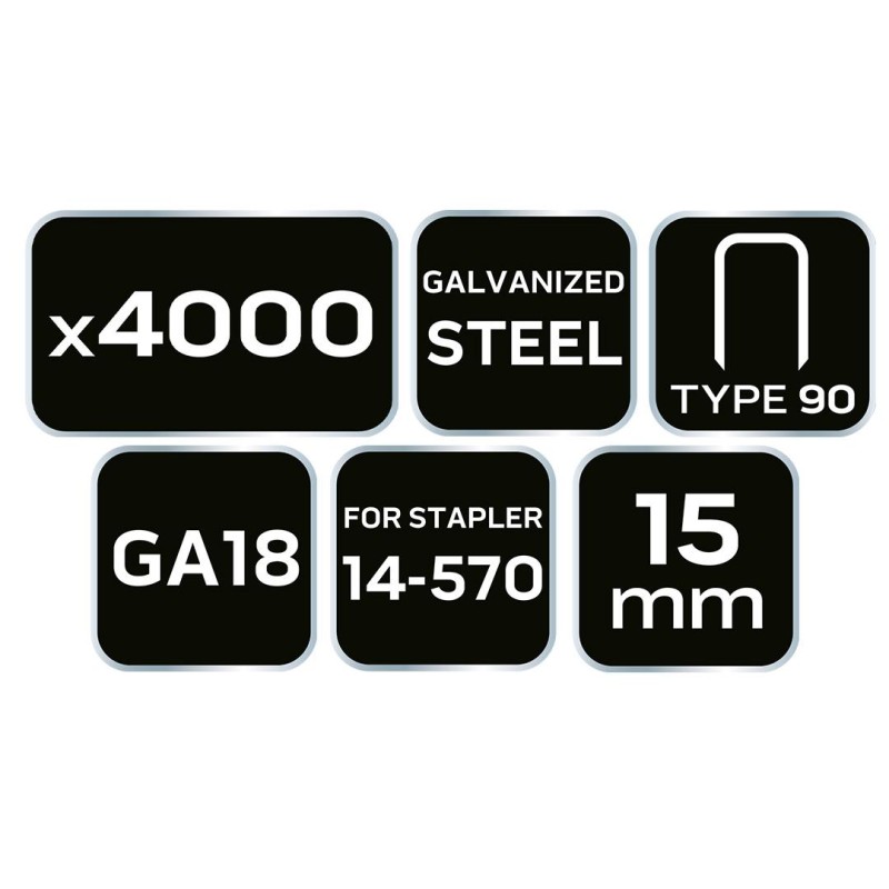 Tűzőkapocs, horganyzott 90-es tipus, pneumatikus tűzőgéphez (14-570), GA18, 15mm, 4000db (14-622) Tűzőkapocs, horganyzott 90-es tipus, pneumatikus tűzőgéphez (14-570), GA18, 15mm, 4000db (14-622)