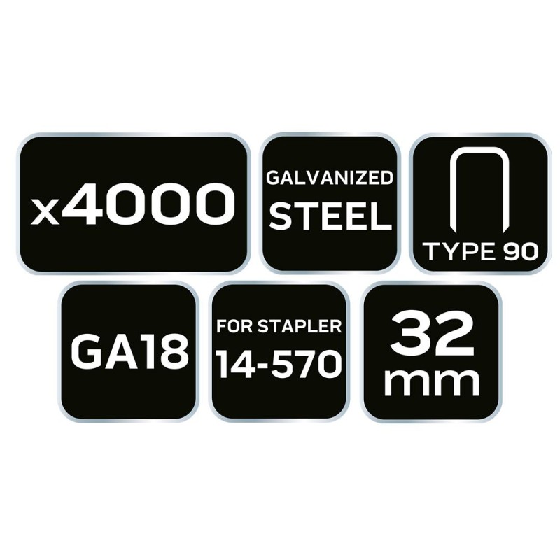 Tűzőkapocs, horganyzott 90-es tipus, pneumatikus tűzőgéphez (14-570), GA18, 32mm, 4000db (14-628) Tűzőkapocs, horganyzott 90-es tipus, pneumatikus tűzőgéphez (14-570), GA18, 32mm, 4000db (14-628)