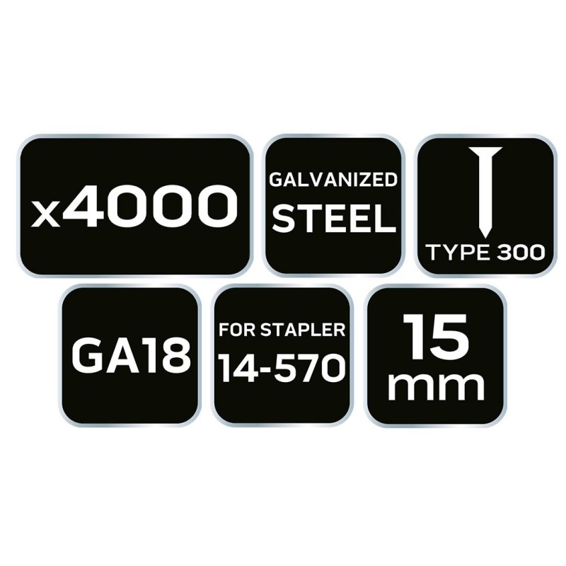 Tűzőszeg, horganyzott 300 (F) tipus, pneumatikus tűzőgéphez (14-570), GA18, 15mm, 4000db (14-651)