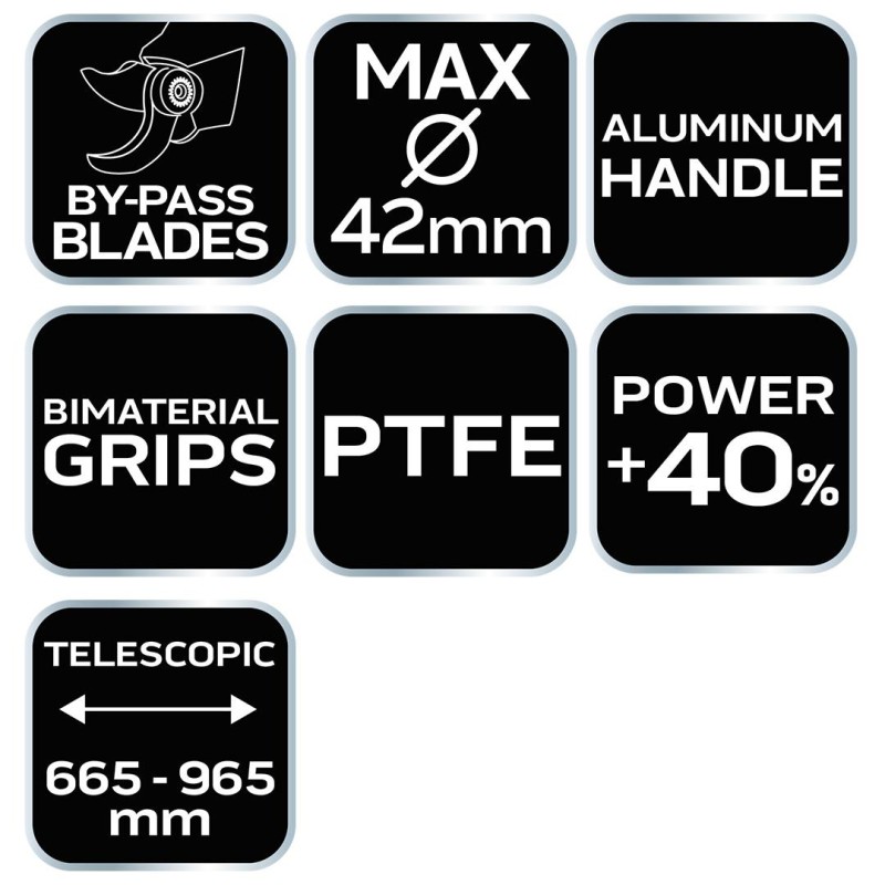 Ágvágó, mellévágó, áttételes, teleszkópos 665-965mm, vágókap.: 42mm, alu nyél, teflon, 40% plusz erőátvitel (15-253) Ágvágó, mellévágó, áttételes, teleszkópos 665-965mm, vágókap.: 42mm, alu nyél, teflon, 40% plusz erőátvitel (15-253)