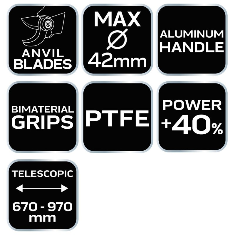 Ágvágó, rávágó, áttételes, teleszkópos 670-970mm, vágókap.: 42mm, alu nyél, teflon, 40% plusz erőátvitel (15-254) Ágvágó, rávágó, áttételes, teleszkópos 670-970mm, vágókap.: 42mm, alu nyél, teflon, 40% plusz erőátvitel (15-254)