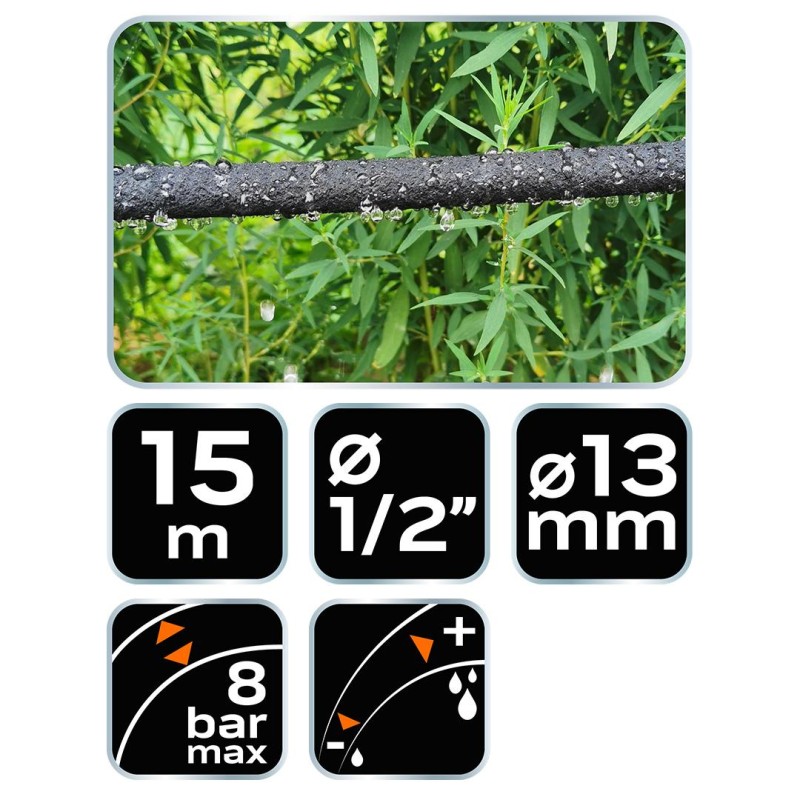 Csepegtető tömlő 15m, 1/2'', 8bar, állítható vízmennyiség (15-880)
