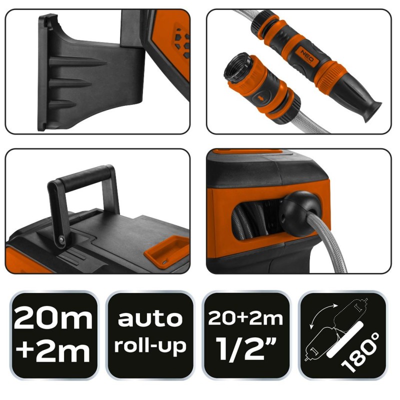 Autómata tömlődob, 20 m locsolótömlő + 2 m csatlakozó tömlő, 10 bar, PP ház, PVC tömlő, falra szerelhető (15-891)