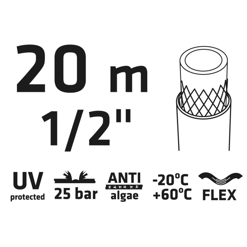 Locsolótömlő 20 m, 1/2'', Professional: csomózódás, csavarodás védelem, UV álló, algásodás védelem (15G820)