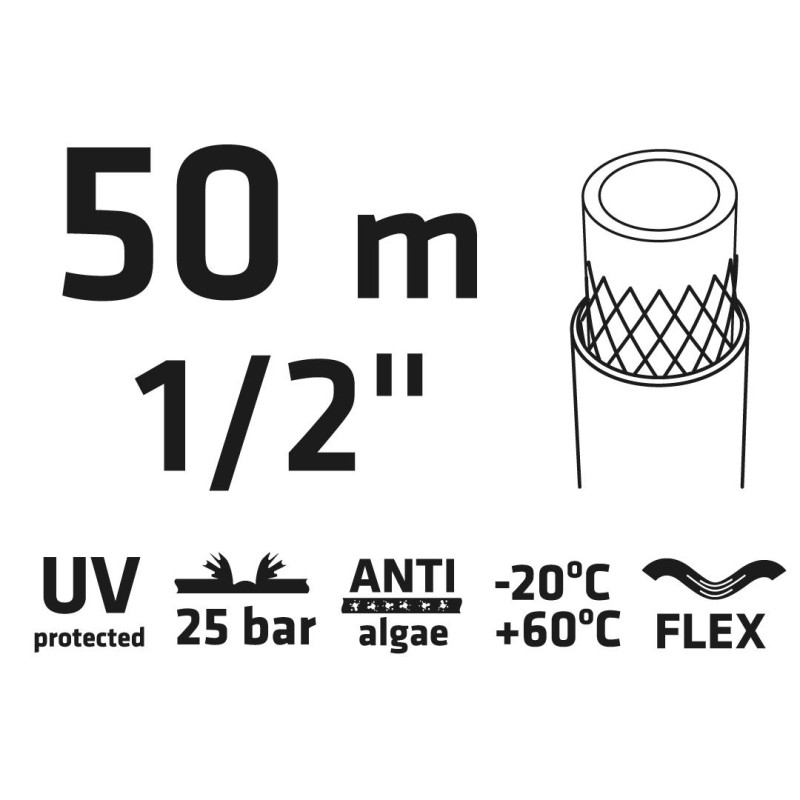 Locsolótömlő 50 m, 1/2'', Professional: csomózódás, csavarodás védelem, UV álló, algásodás védelem (15G822)