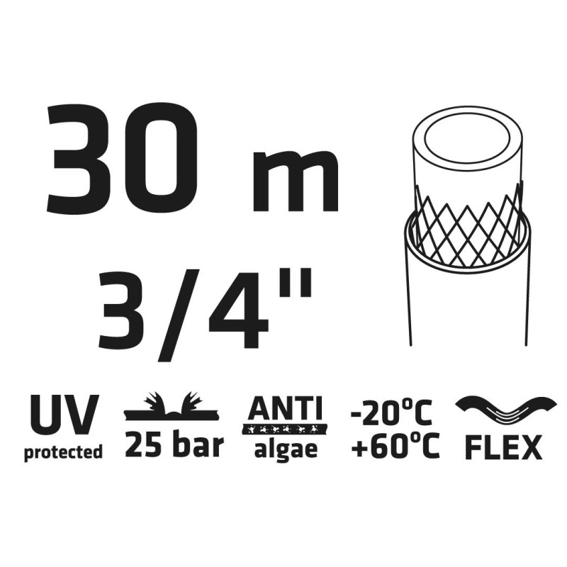Locsolótömlő 30 m, 3/4'', Professional: csomózódás, csavarodás védelem, UV álló, algásodás védelem (15G824)