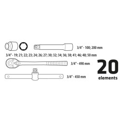 Dugókulcskészlet 20db, 3/4'' (38D296) Dugókulcskészlet 20db, 3/4'' (38D296)