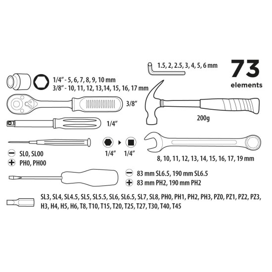 Szerszámkészlet 1/4'', 3/8'', 73db (38D500)