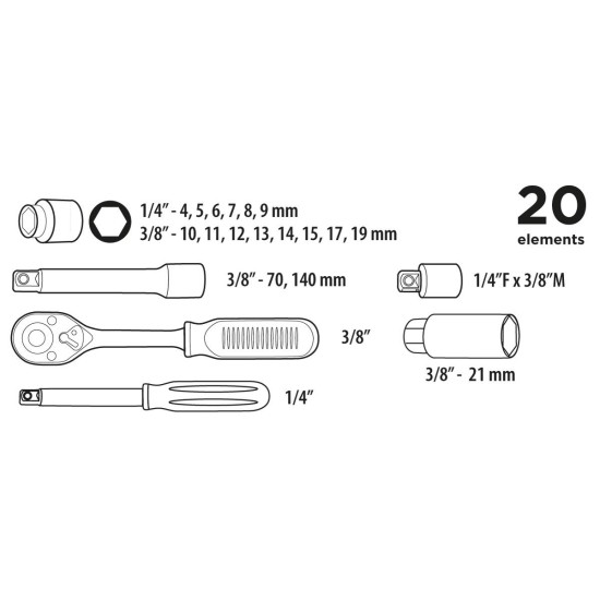 Dugókulcskészlet 1/4'', 3/8'' 20db (38D520)