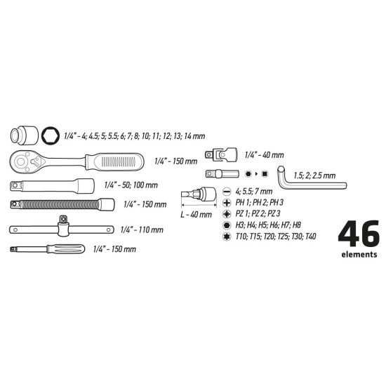 Dugókulcskészlet + bitkészlet 1/4'' 46db (38D640)