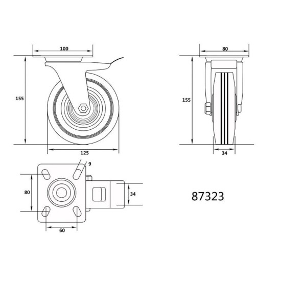 VOREL Ipari kerék forgóvillás fékkel 125 mm 100 kg (87323)