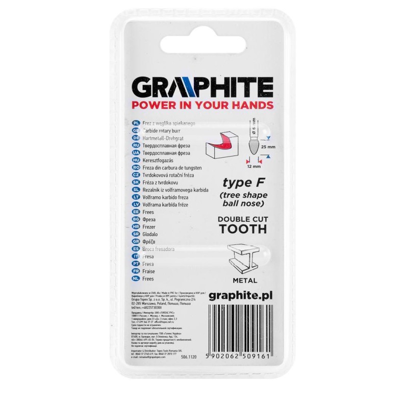 Keményfém marófej, turbómaró, F csúcsíves, 12x25mm, szár méret: 6x45mm (55H372)