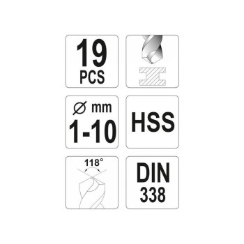 YATO Csigafúró készlet 19 részes 1-10 mm HSS (YT-4462)