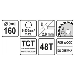 YATO Fűrésztárcsa fához 160 x 20 x 2,0 mm / 48T (YT-6058) YATO Fűrésztárcsa fához 160 x 20 x 2,0 mm / 48T (YT-6058)