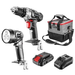 Akkus gépkészlet Energy+, 18V/2Ah: akkus fúró + lámpa + táska + akku +töltő! (58G016) Akkus gépkészlet Energy+, 18V/2Ah: akkus fúró + lámpa + táska + akku +töltő! (58G016)