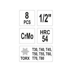 YATO Gépi hosszú bit dugókulcs készlet 8 részes Torx 1/2' T30-T80 CrMo (YT-1065)