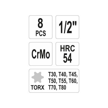 YATO Gépi hosszú bit dugókulcs készlet 8 részes Torx 1/2' T30-T80 CrMo (YT-1065)
