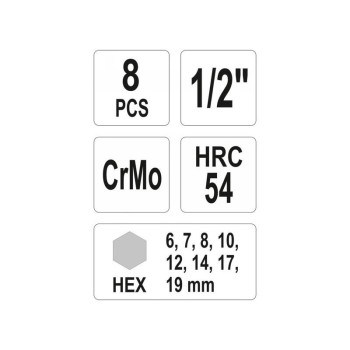YATO YT‑1066 gépi hosszú bit dugókulcs készlet 1/2'' Impact Imbusz 6–19 mm, 8 részes